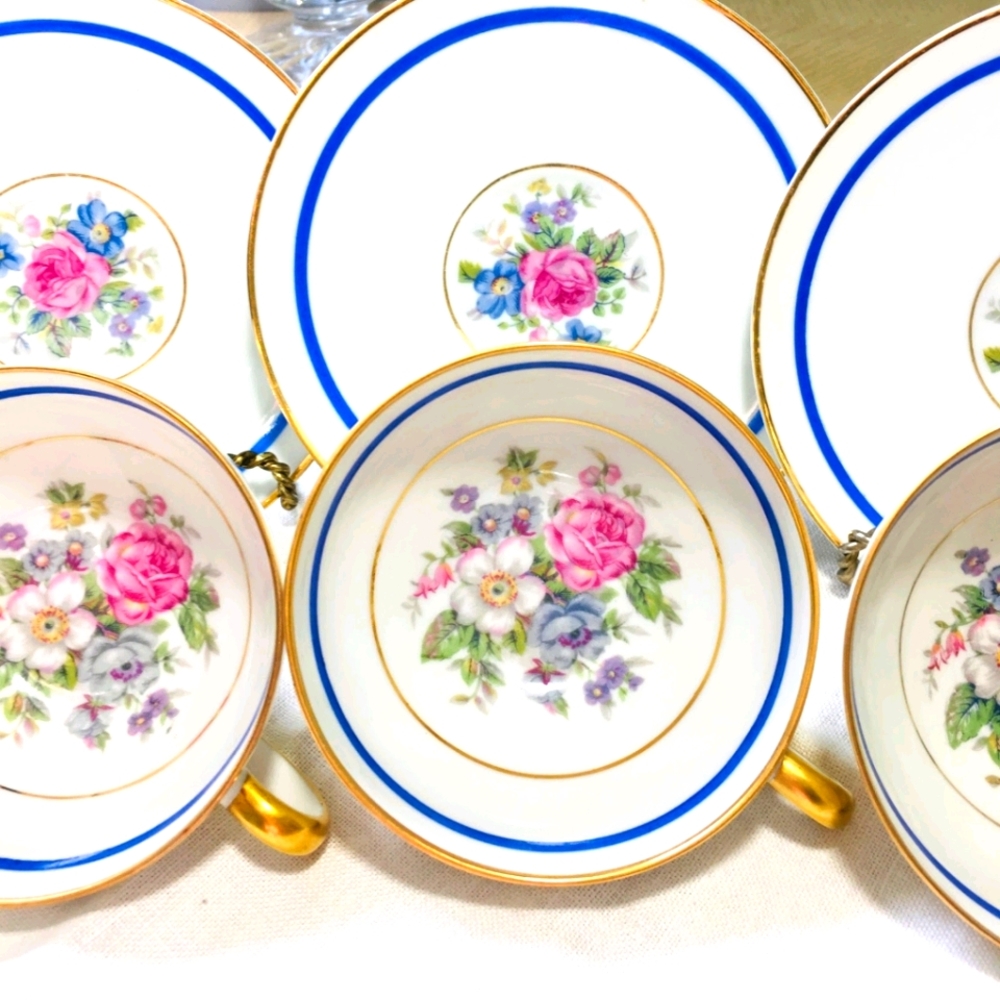 Limoges Floral Gold-Trimmed Teacup and Saucer Set with Blue Bands
